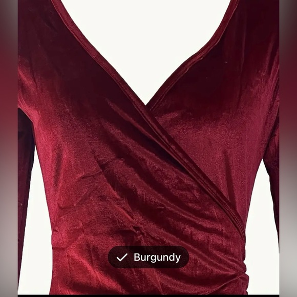 NEW Women’s Velvet Ruched Long Sleeve Wrap Mini Dress Burgundy Size Large 12 - Picture 9 of 10